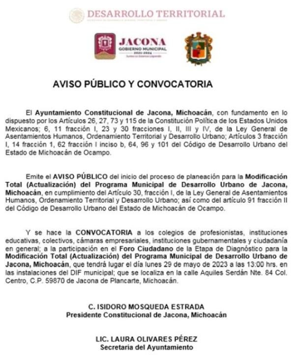 Aviso público del inicio del proceso de planeación para la Modificación del Programa Municipal de Desarrollo de Jacona