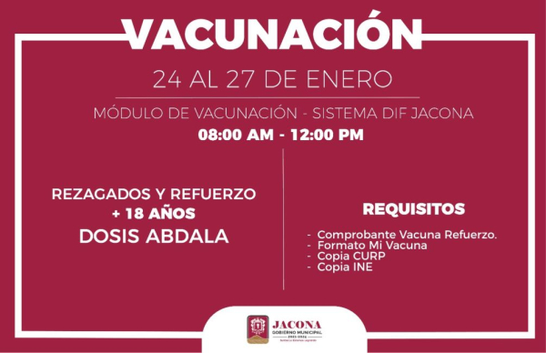 Módulo de vacunación en el Auditorio del Sistema DIF Jacona desde el martes 24 hasta el viernes 27 de enero