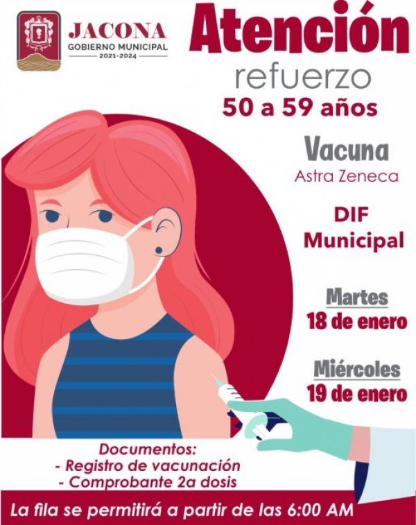 Vacuna de Refuerzo en Jacona, personas de 50 a 59 años con Astra Zeneca